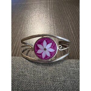 Vintage Alpaca Mexico Silver Bracelet With Pink Enamel Flower Design